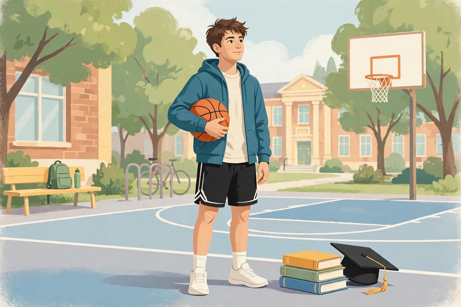 Illustrated young student athlete theme with a basketball, books, and a graduation cap