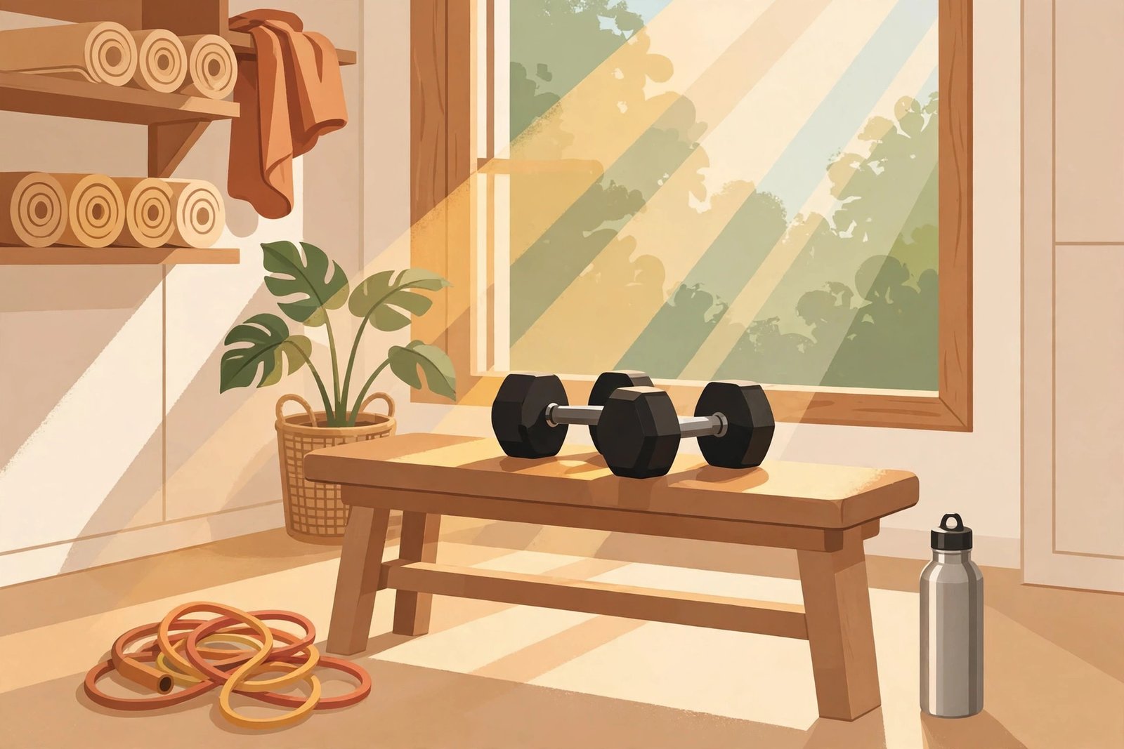 Illustration of a modern home gym setup with dumbbells, resistance bands and morning sunlight for a biography article about Alix Bailey
