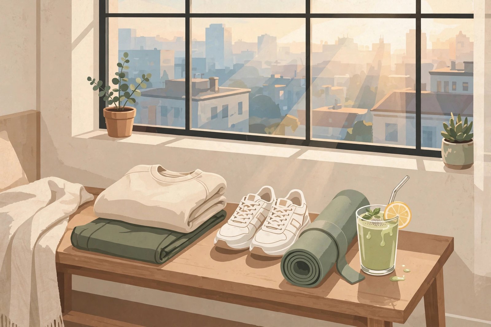 Illustration of a calm morning wellness routine with workout clothes, sneakers, a yoga mat and a smoothie by a sunlit window