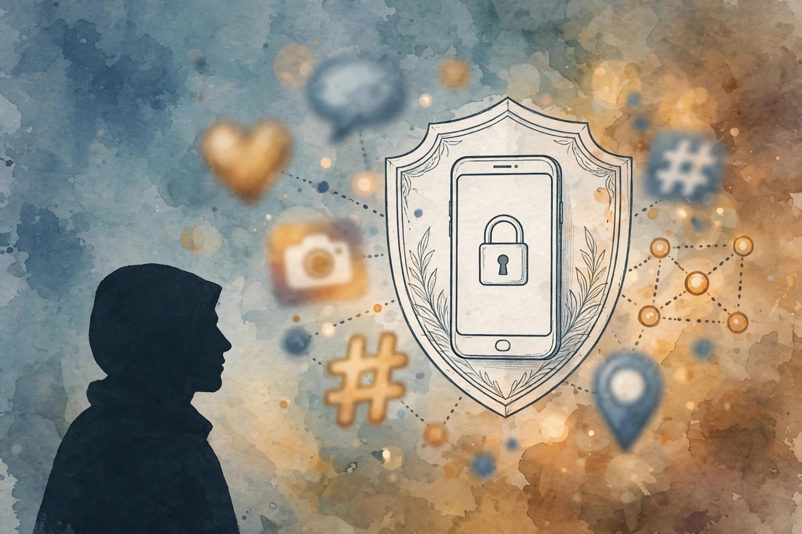 Illustration of digital privacy and online identity, showing a smartphone with a privacy shield and blurred social media shapes