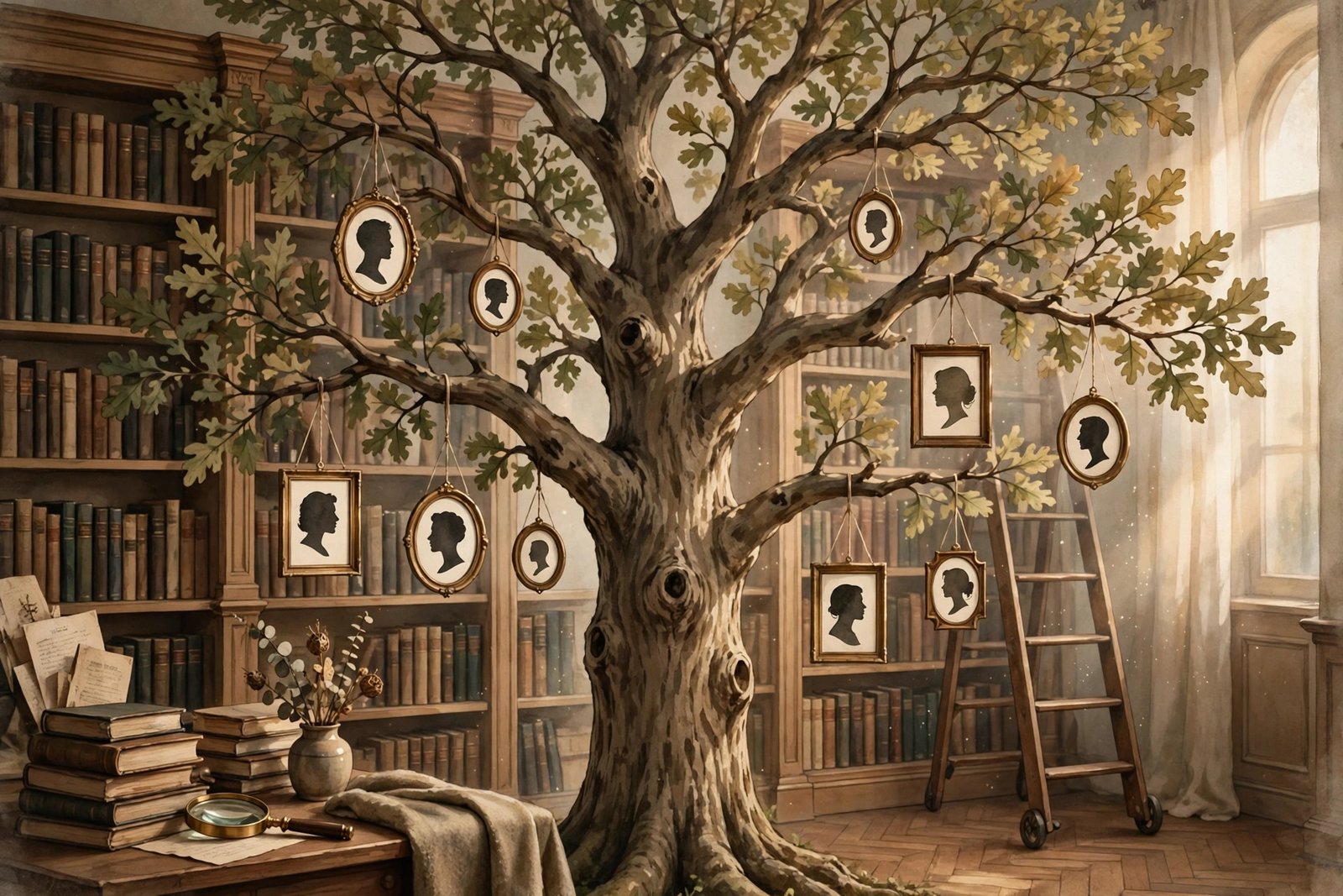 Symbolic illustration of family heritage, an old tree in a warm library room