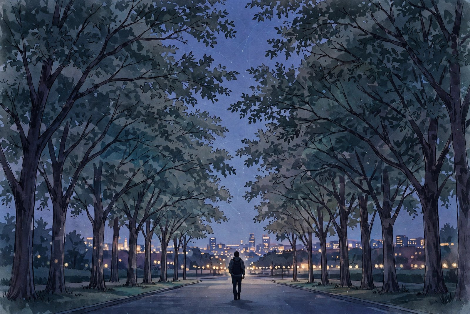 Symbolic illustration of privacy, a distant silhouette walking down a quiet street at dusk