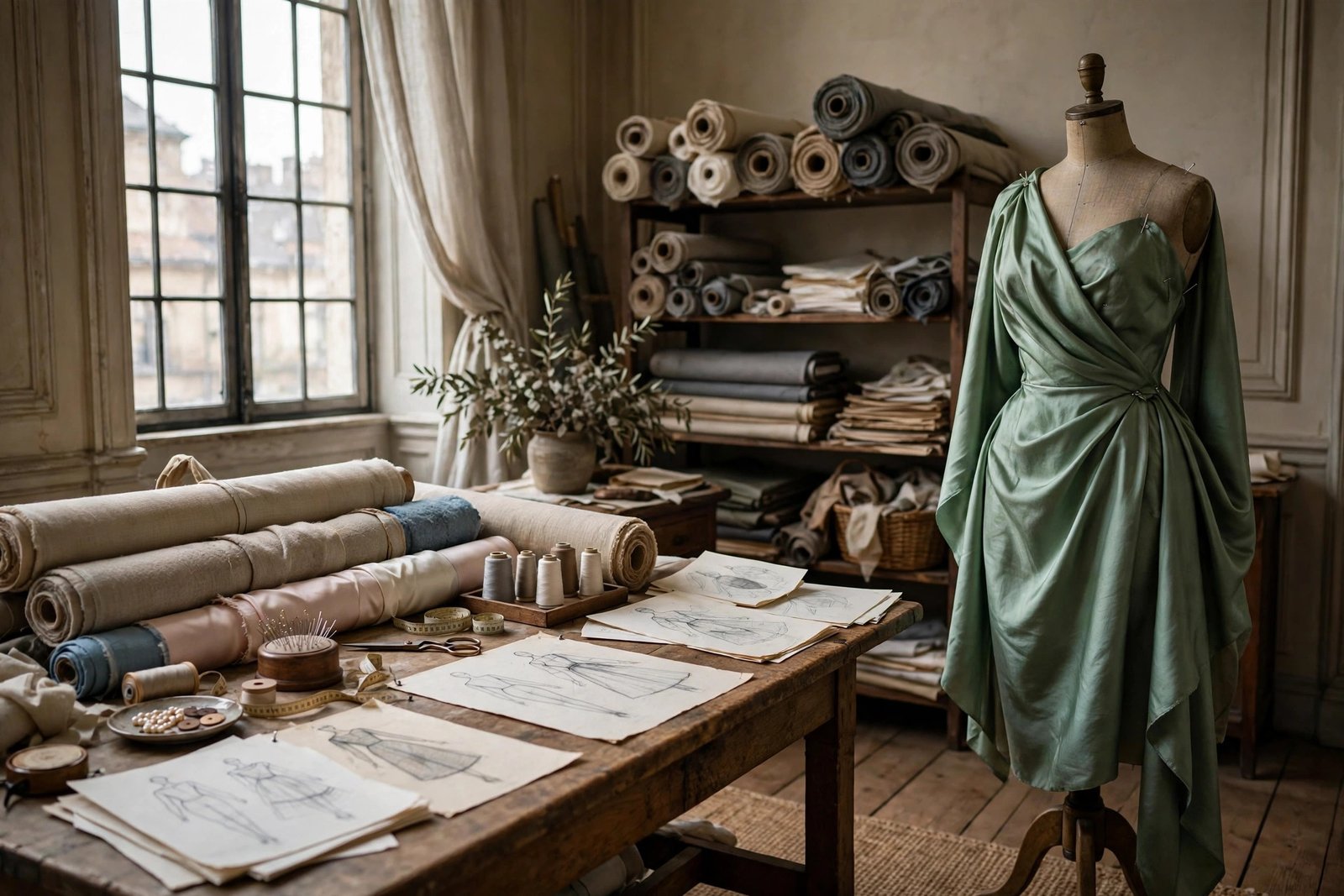Vintage fashion atelier desk with fabric swatches and design sketches in warm golden light