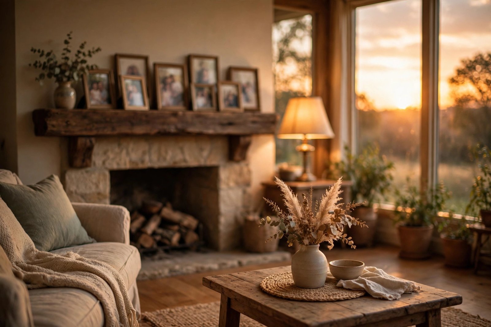 Warm living room mantel with softly blurred framed family photographs at sunset