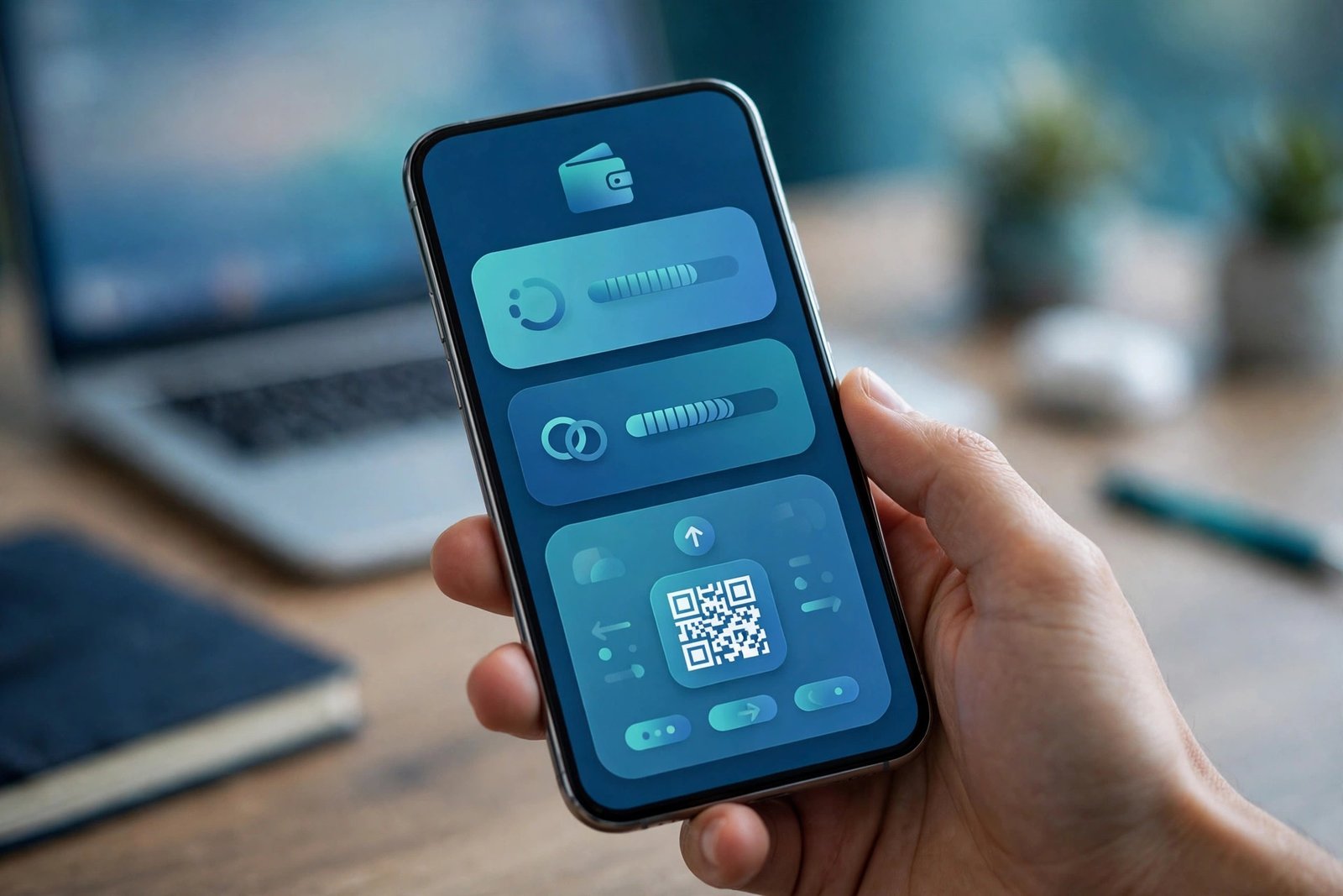 Smartphone showing a crypto wallet app with coin balance cards and QR send screen