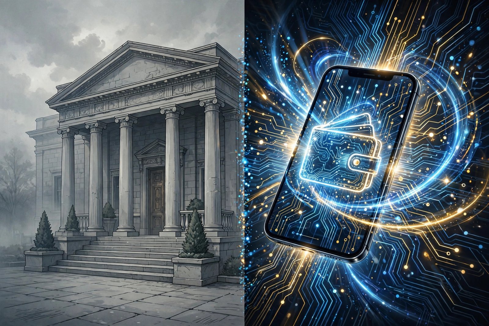 Conceptual split illustration comparing a traditional bank building with a glowing digital wallet on a smartphone
