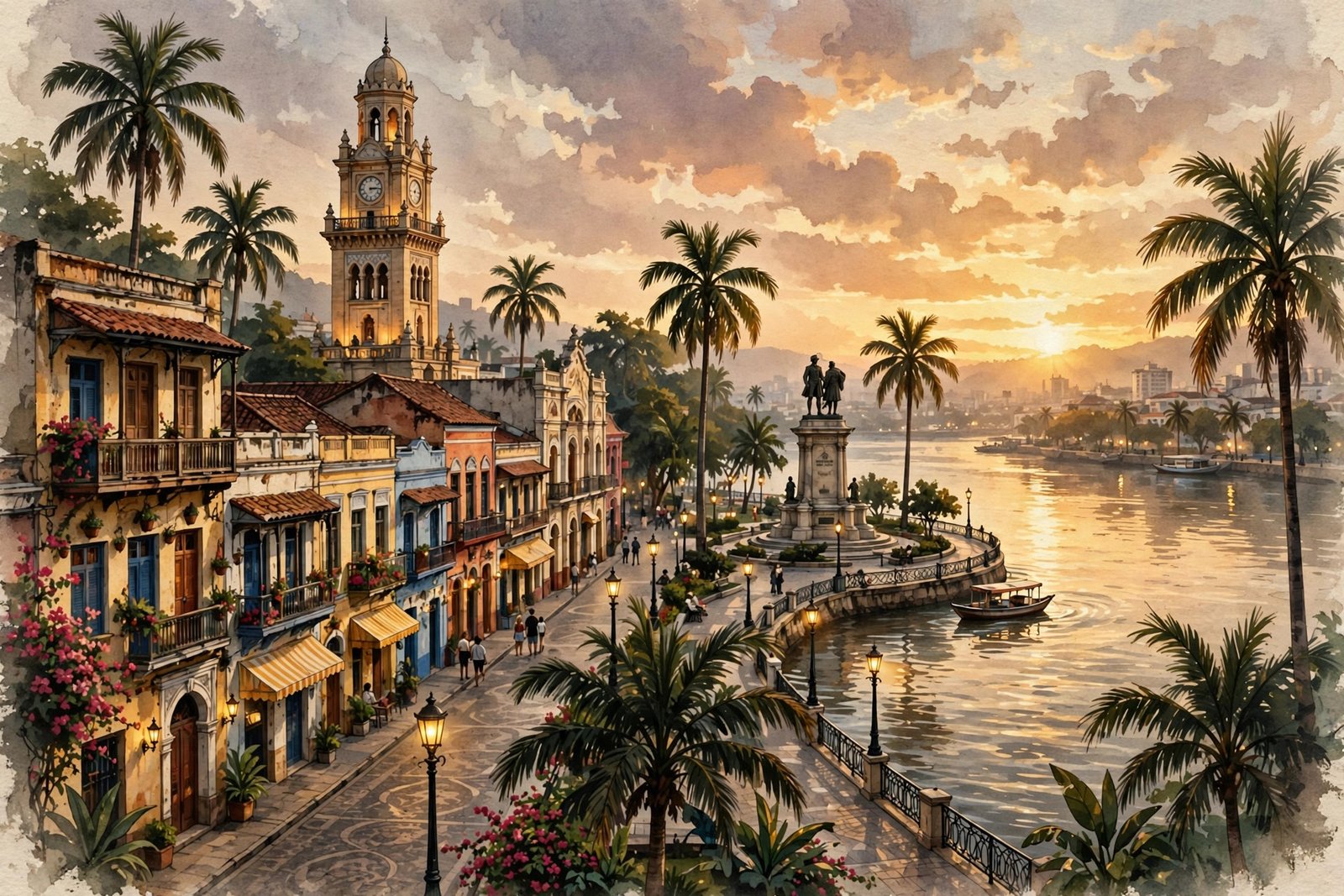 Illustration of the Guayaquil, Ecuador waterfront at golden hour, the birthplace of Fausto Xavier Aguilera