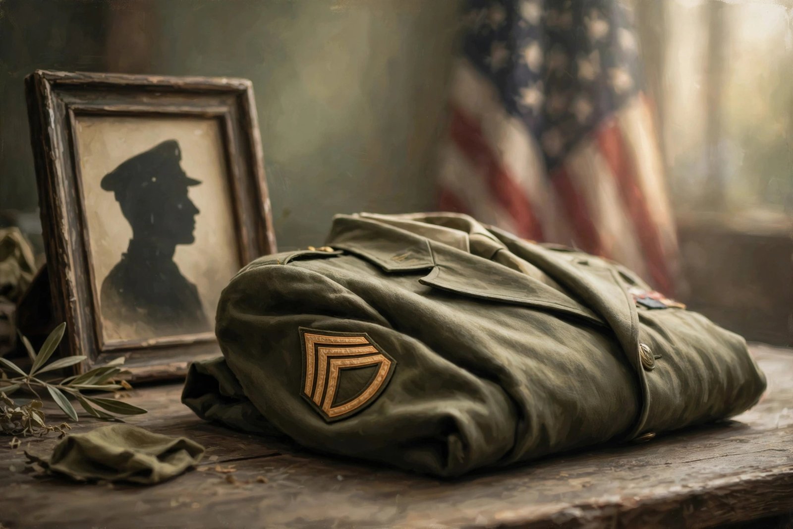 Illustration of a folded US Army dress uniform with sergeant chevron insignia beside a framed silhouette photograph