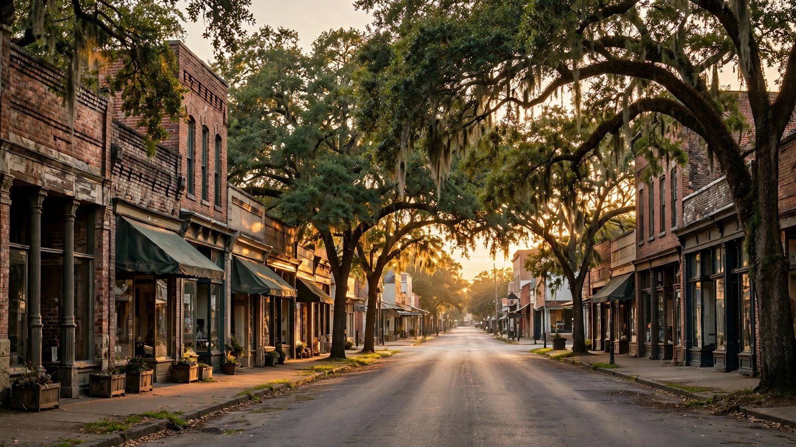 Quiet small-town Mississippi street at golden hour, evoking Jacqueline Bernice Mitchell's Mississippi roots