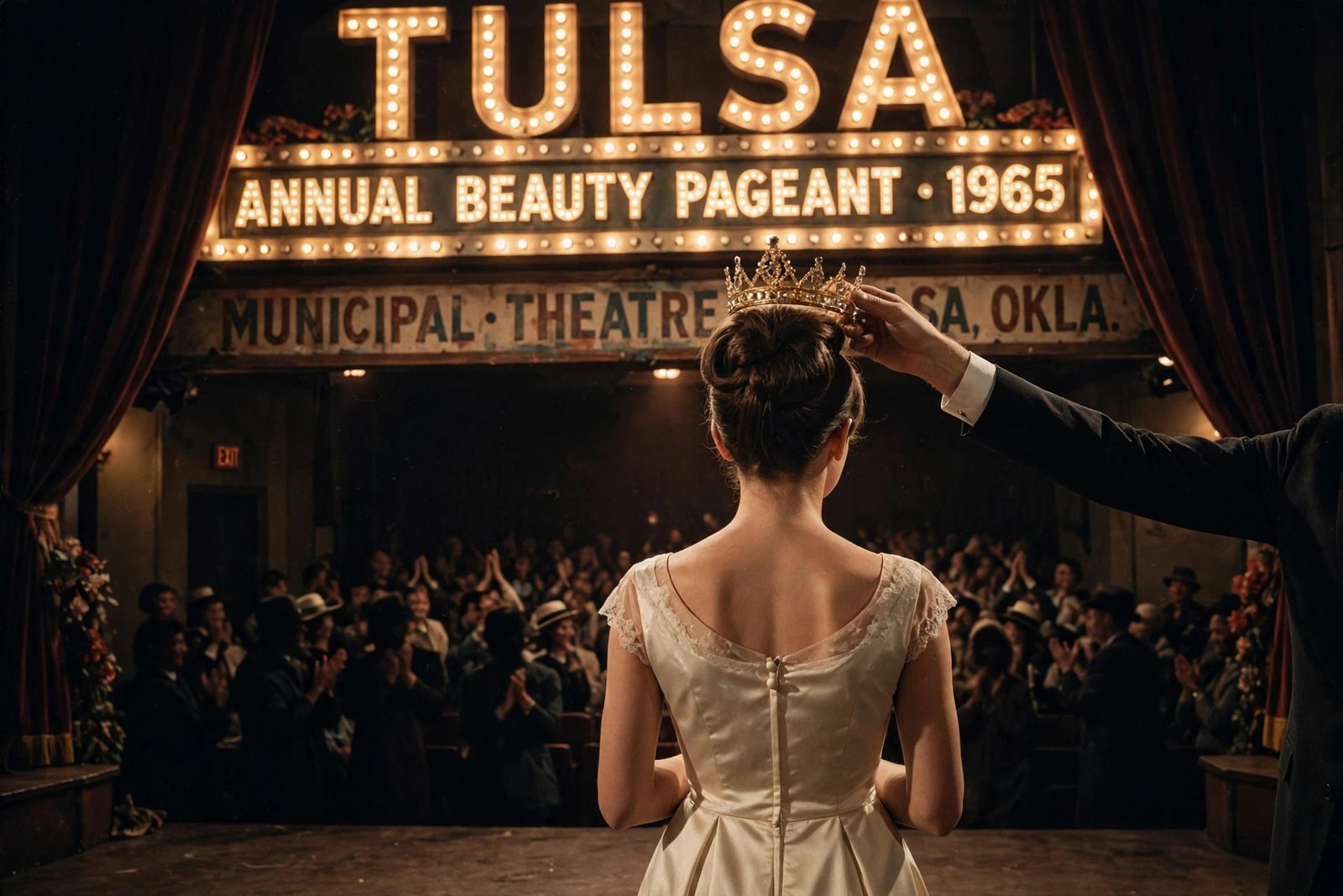 Retro editorial illustration of a 1960s beauty pageant stage in Tulsa, Oklahoma, where Jan Ashley won the Miss Tulsa 1966 title