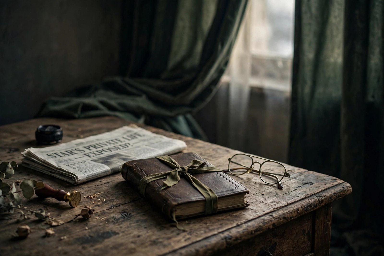 A closed vintage diary tied with ribbon on a wooden desk, symbolizing Jan Ashley's private life away from fame