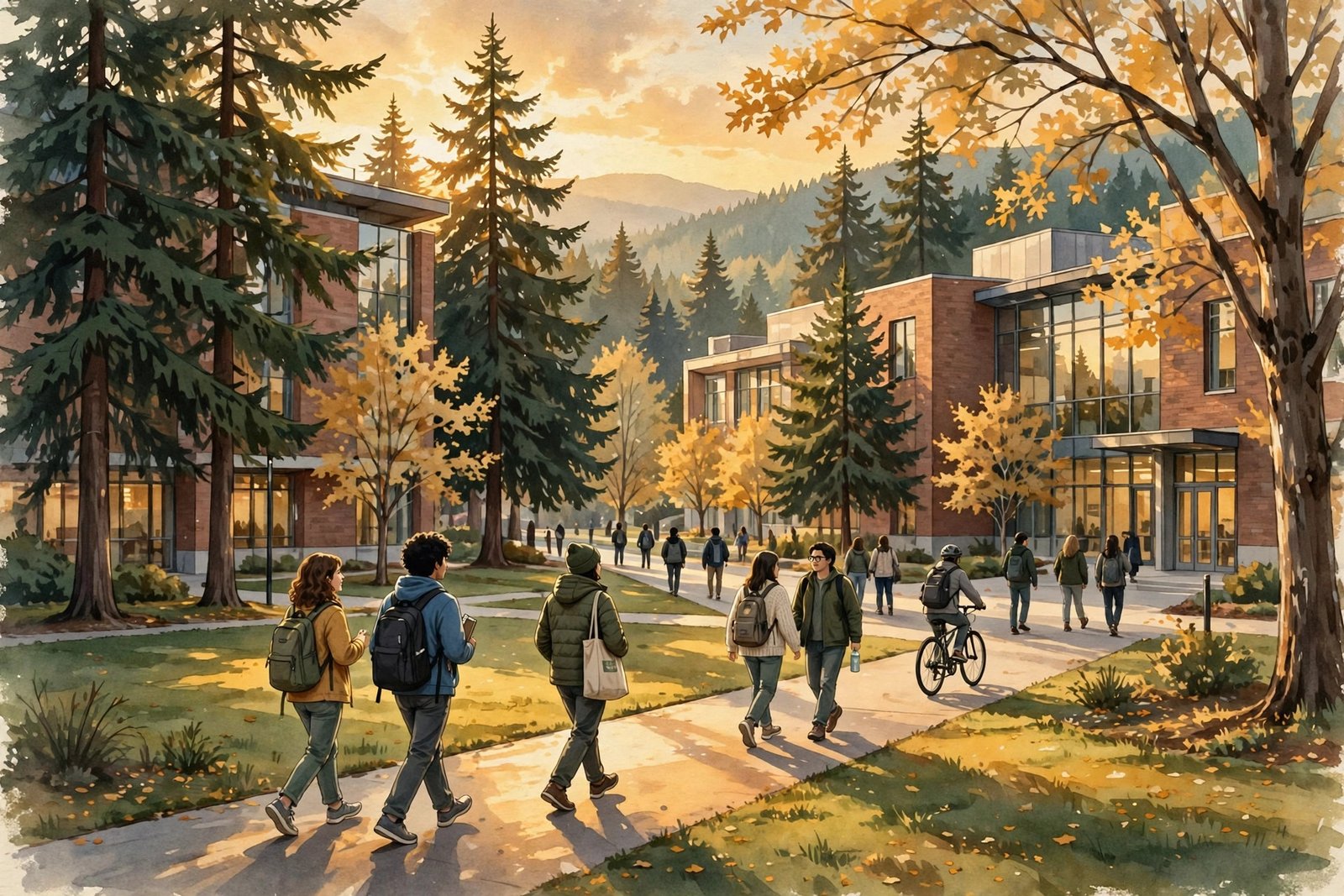 University campus at golden hour, representing Kaiis Steven Jarrahy's reported college years and interest in environmental studies