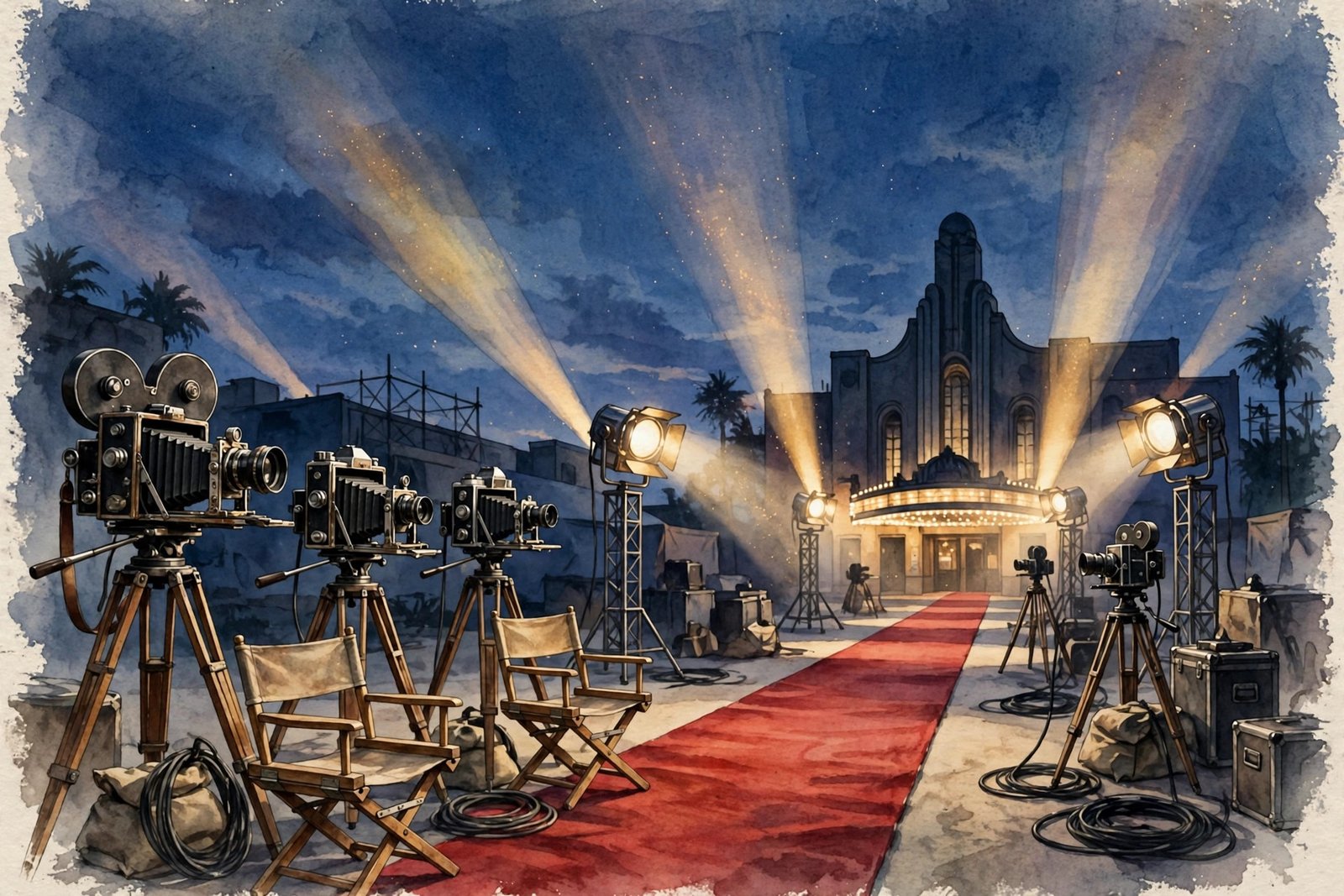 Hollywood film set at dusk with cinema spotlights, reflecting the entertainment industry background of Kaiis Steven Jarrahy's family
