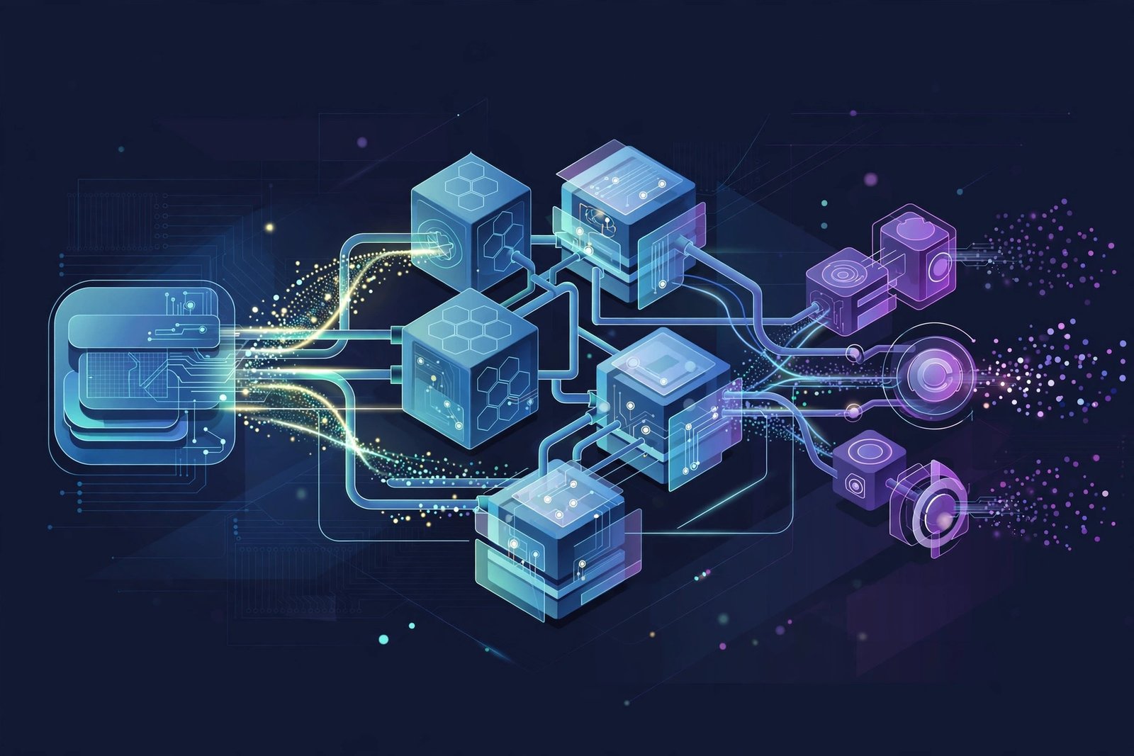 Abstract data flow visualization with modular blocks representing streaming infrastructure components