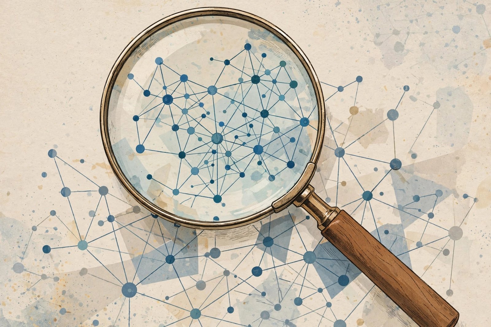 Magnifying glass over an abstract network diagram, symbolizing evaluating an obscure technology term