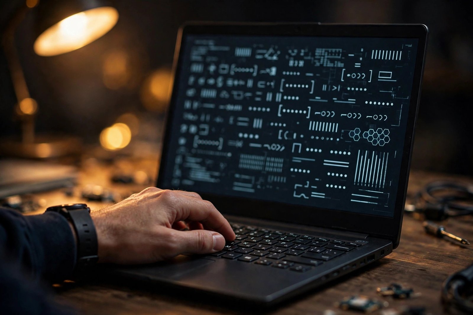 Laptop showing a boot error screen with a technician troubleshooting the failed startup