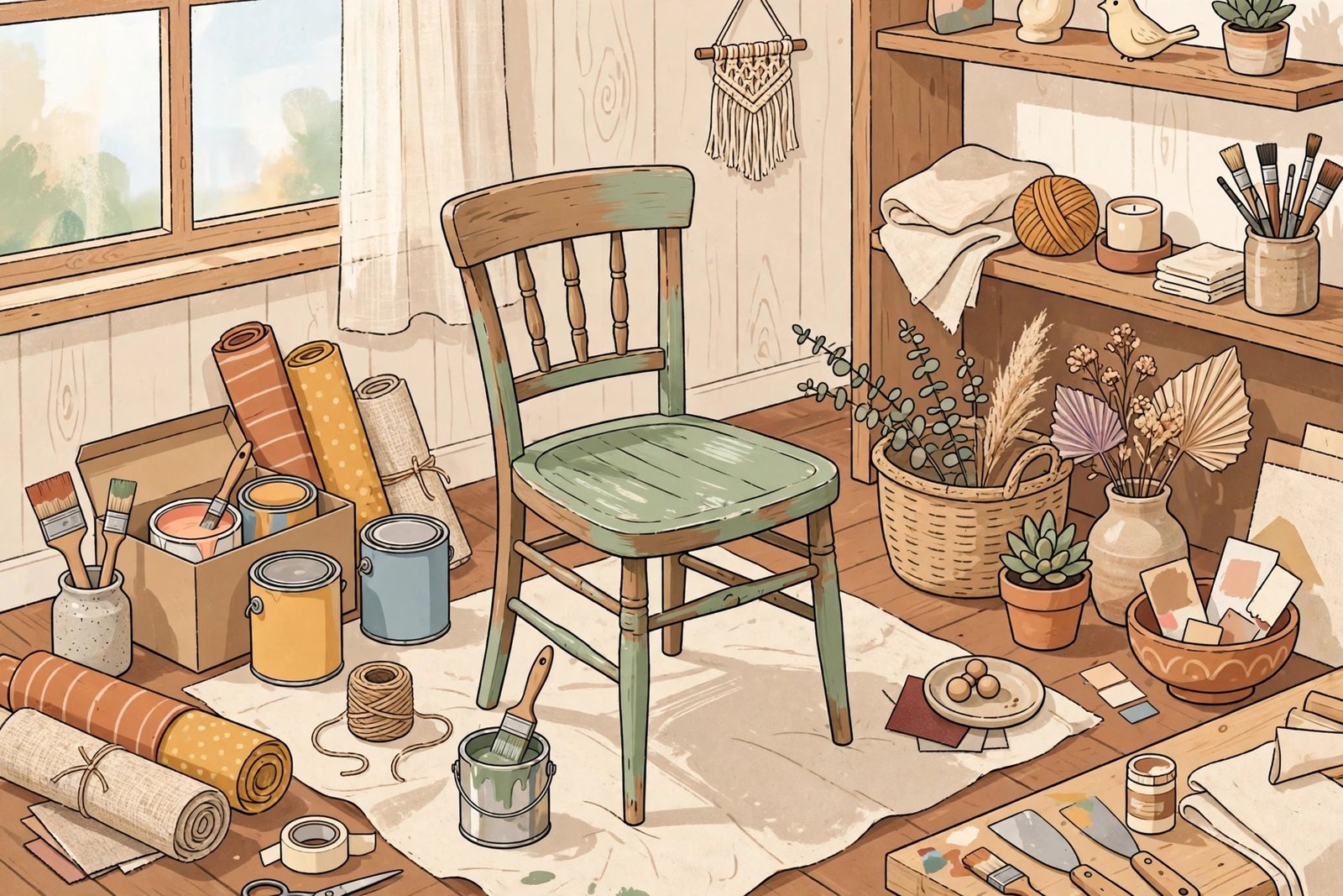 Illustration of a furniture refurbishing workshop with paint cans, brushes, and home decor pieces, reflecting Wanda Hutchins interior design career