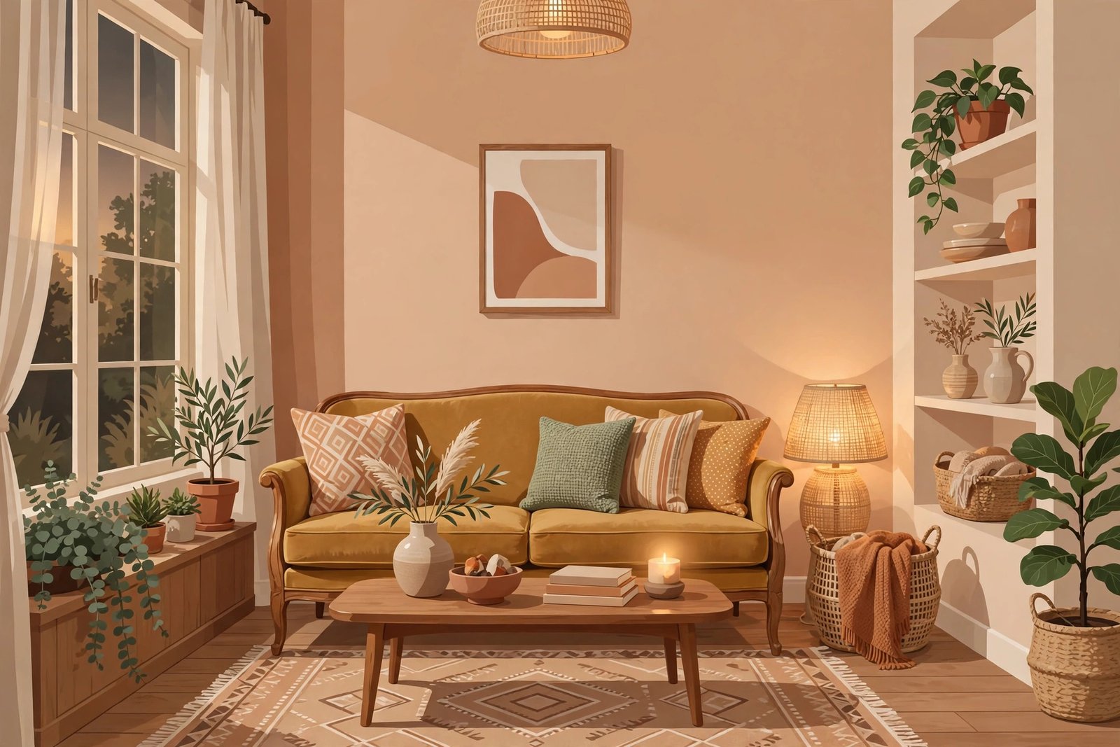 Illustration of an elegantly decorated living room with refurbished vintage furniture, representing Wanda Home Designs interior styling