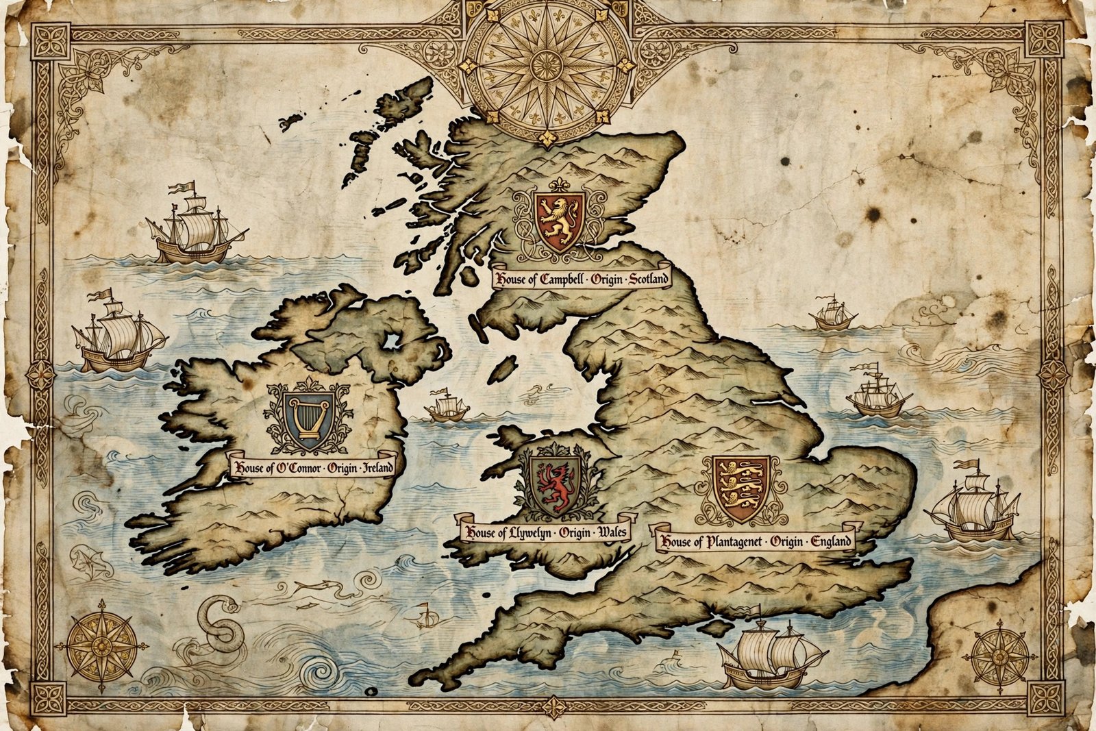 Antique map of the British Isles marking the four Boyend surname origin regions in England, Scotland, Ireland and Wales