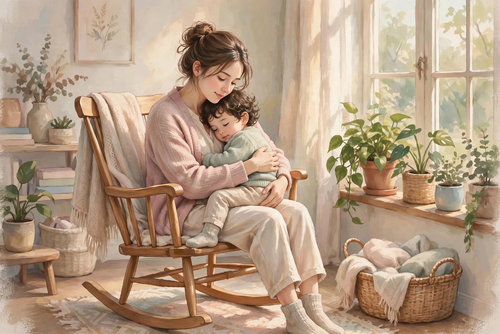 Warm illustration of a young family at home symbolizing Brianna Patricia Blosil's private family life