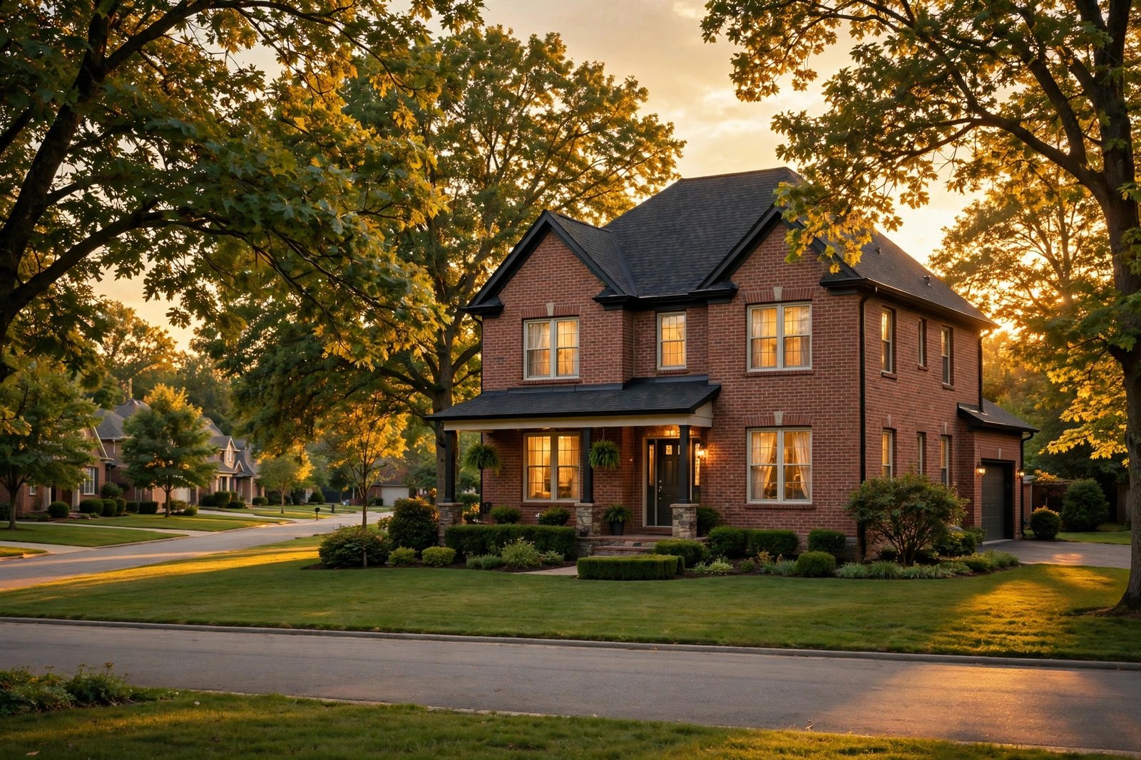 Quiet suburban home at golden hour, evoking the private life Cindy DeAngelis Grossman has chosen since 2002