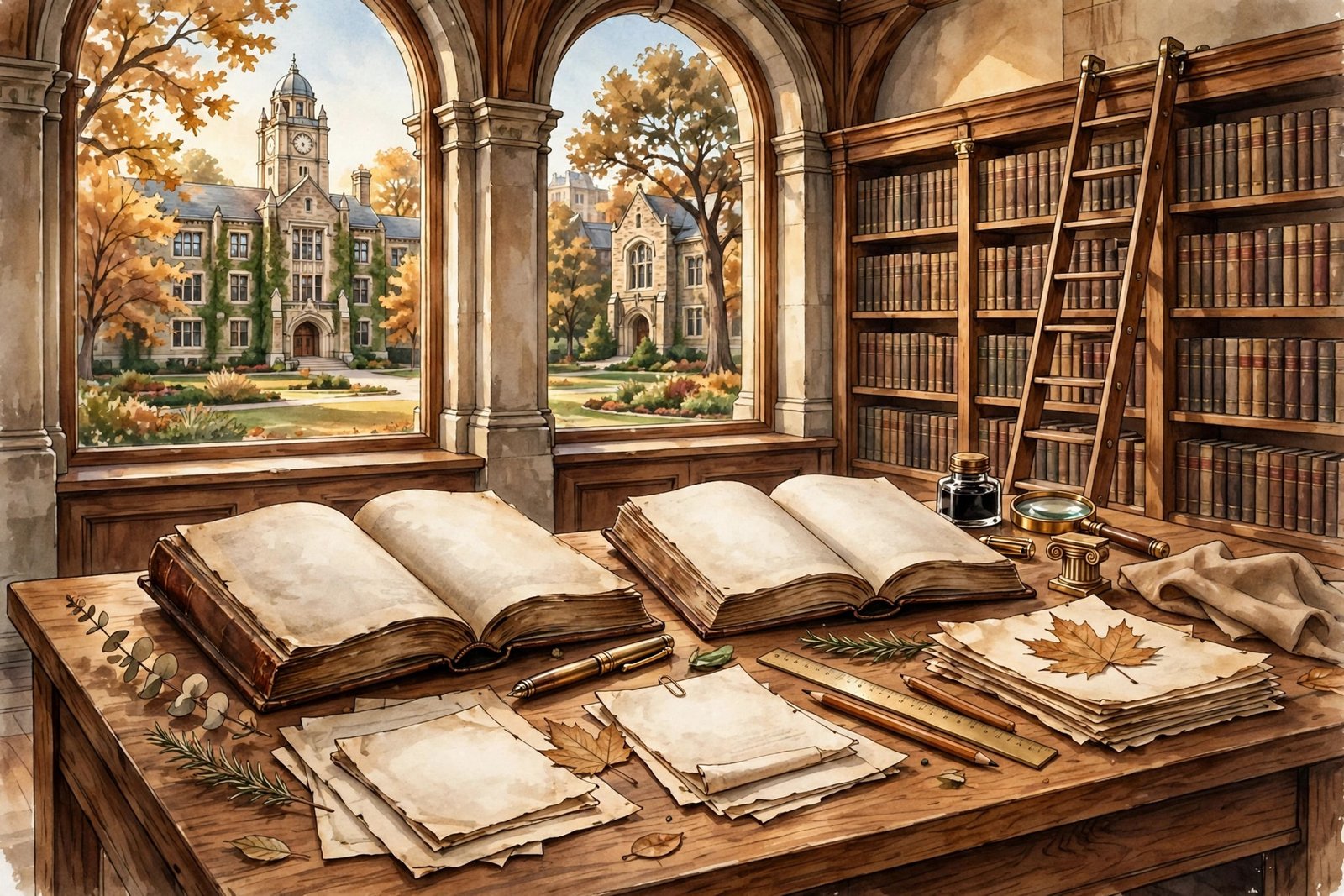 Illustration of a university law library with open law books and classical study notes on a wooden desk