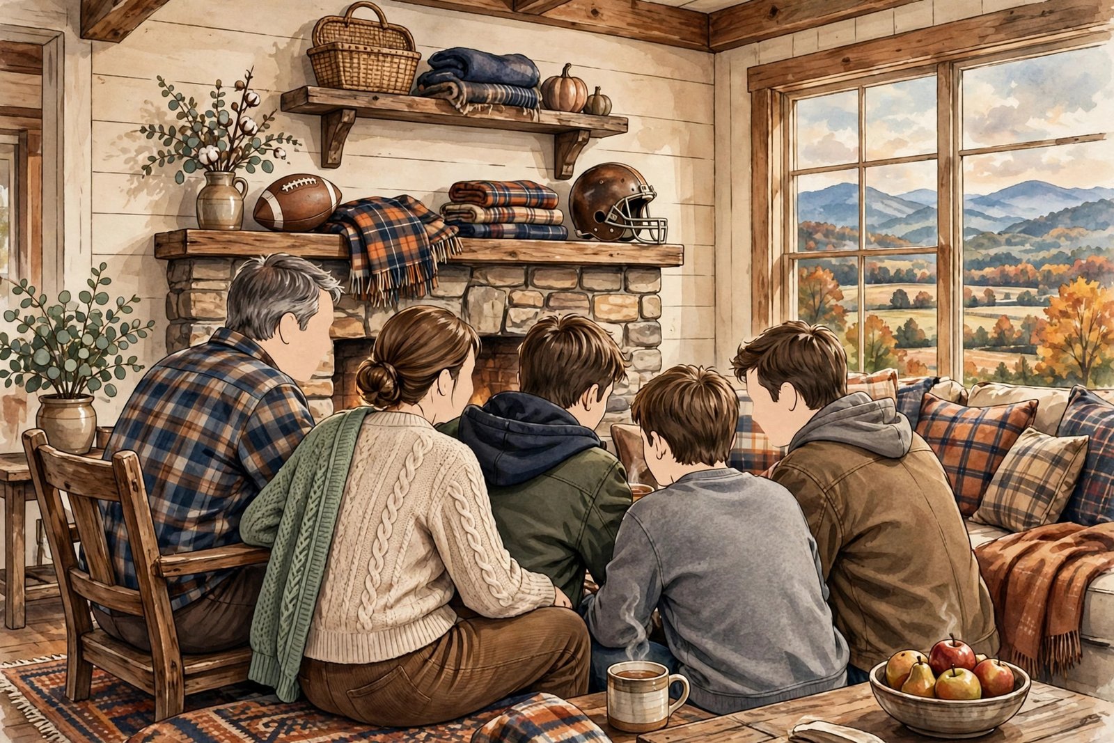 Illustration of a warm family home gathering with subtle football memorabilia in the background