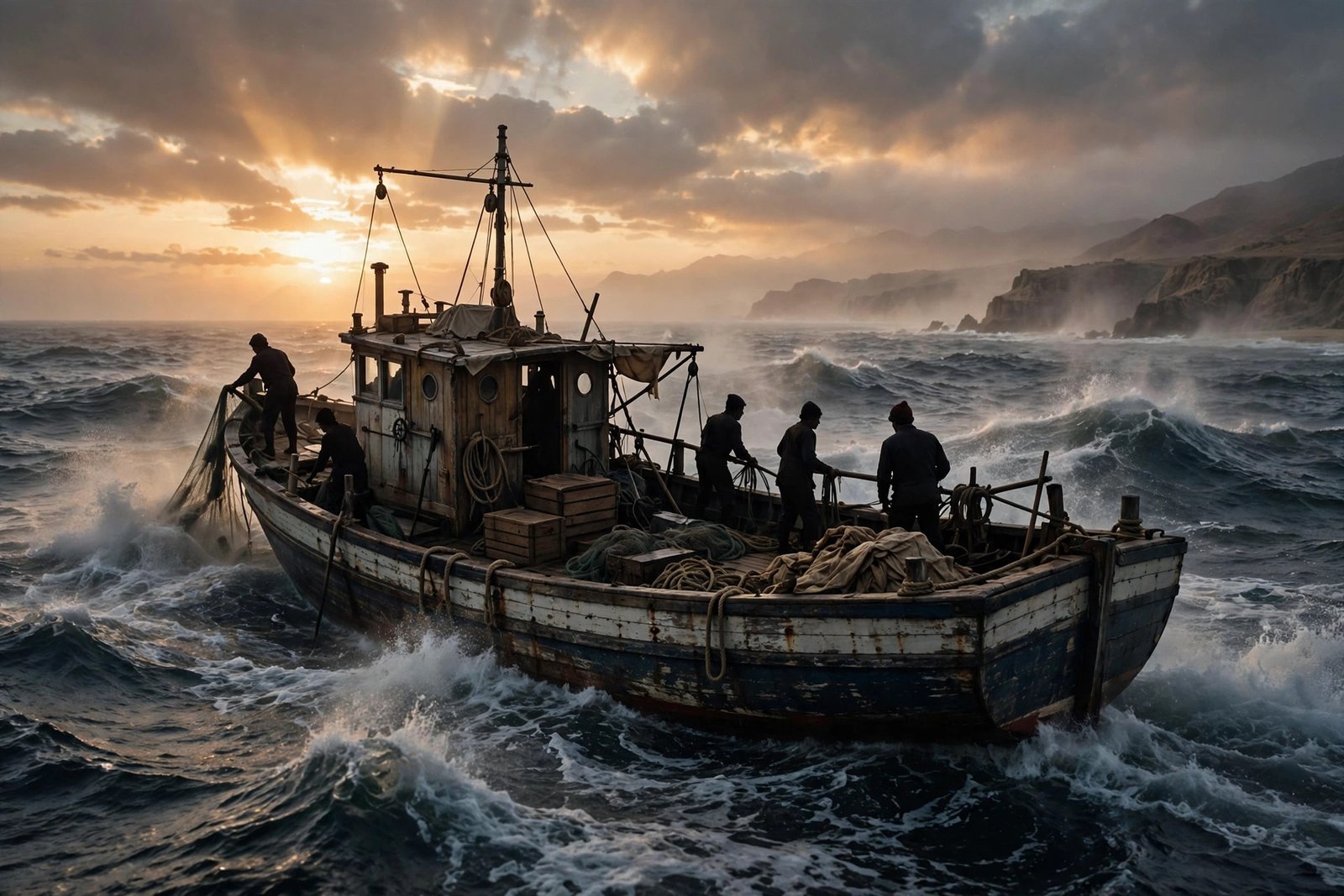 Vintage 1950s tuna fishing boat at sea at sunrise, evoking James Westley Welch's early career as a tuna fisherman