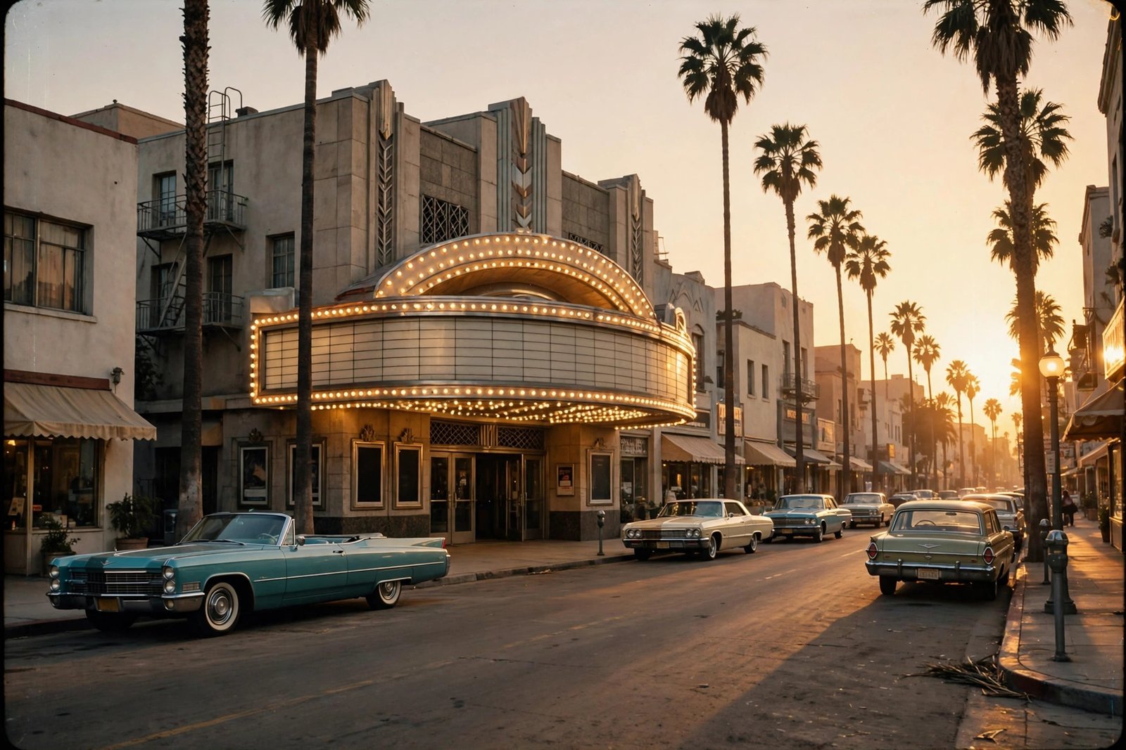 1960s Hollywood street scene with a classic marquee theater, representing the era when Raquel Welch rose to stardom