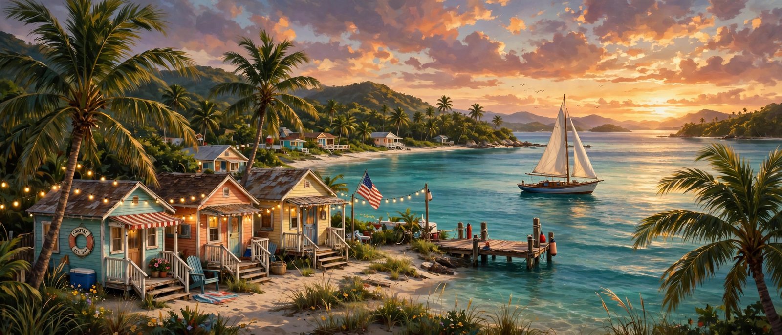 Illustration of a tropical island coastline at sunset with a sailboat and palm trees