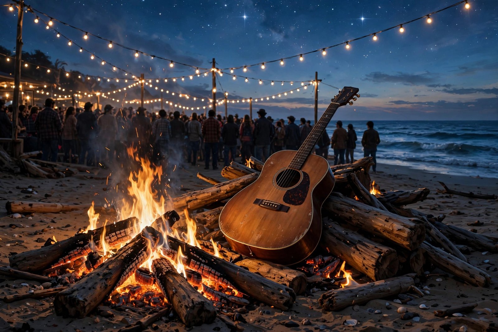 Illustration of an acoustic guitar by a beach bonfire with a concert crowd at dusk