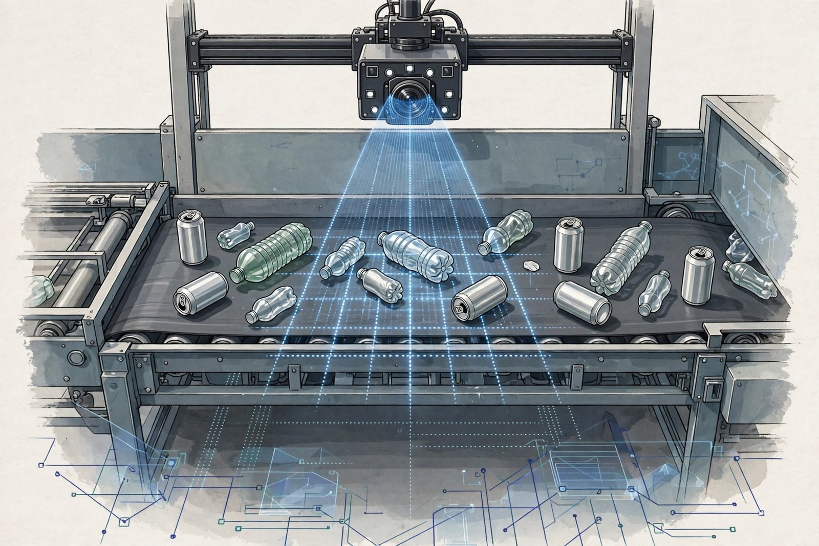 AI vision camera scanning recyclable materials on a smart sorting belt