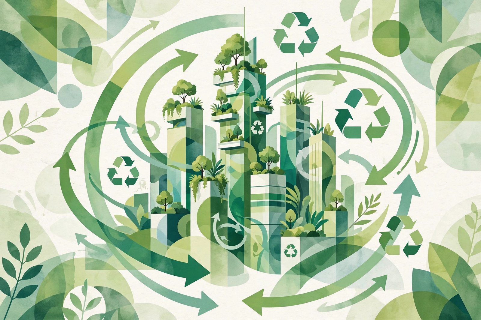 Green eco city artwork with recycling symbols representing smart cities and recycling