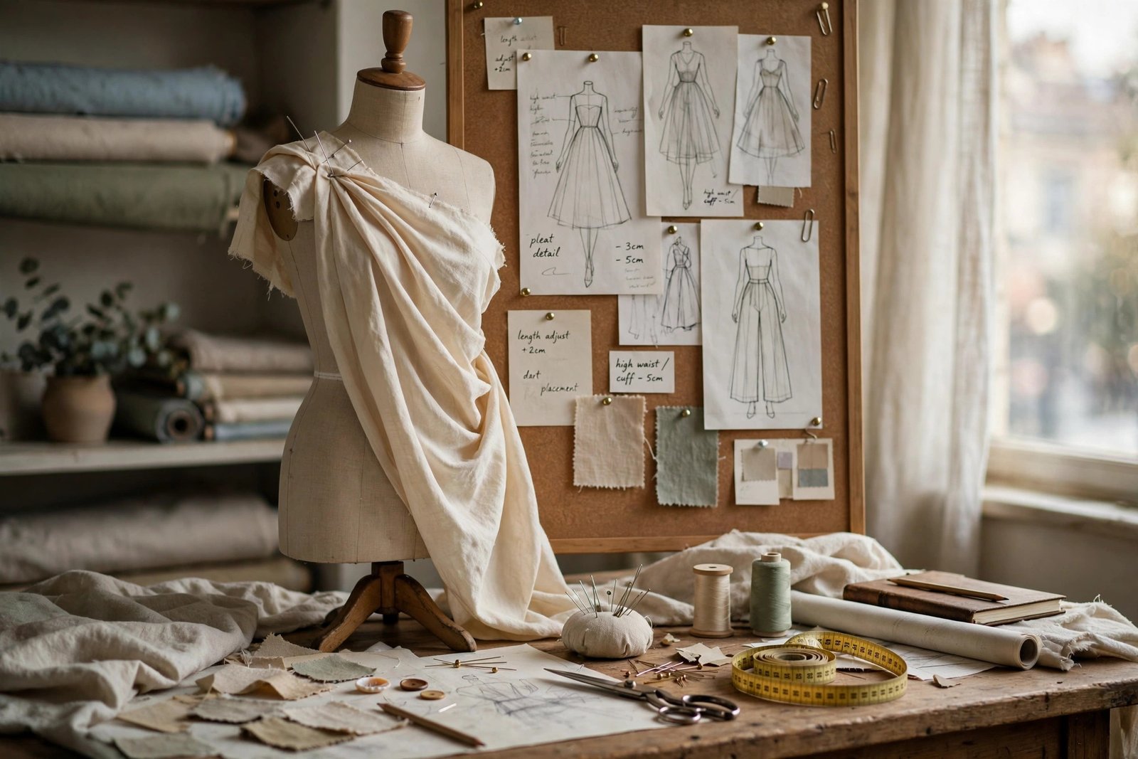 Editorial illustration of a fashion designer's atelier workspace with sketches, fabric and tools, thematic image only