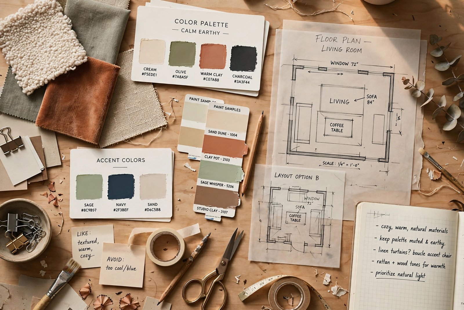 Editorial flat lay of an interior design mood board with fabric swatches and color palettes, thematic image only