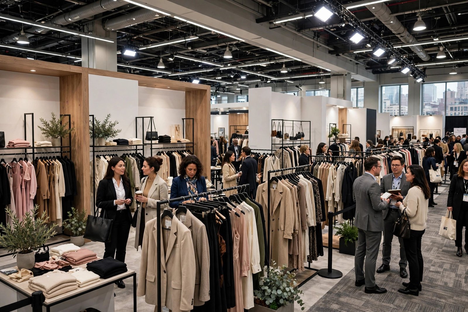 Elegant women's fashion trade show floor with designer clothing booths and buyers networking
