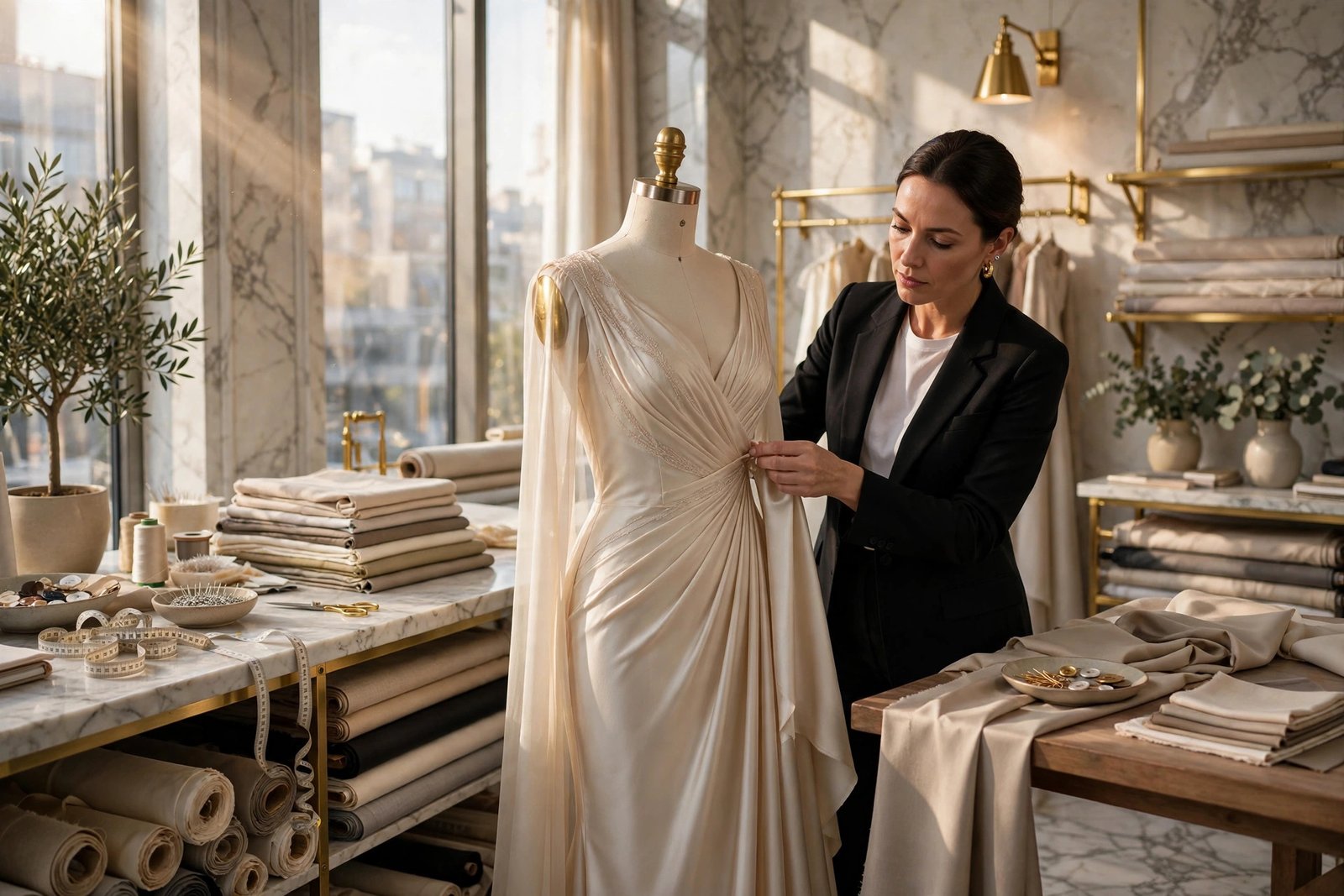 Luxurious fashion atelier with designer garments and elegant gold interior details