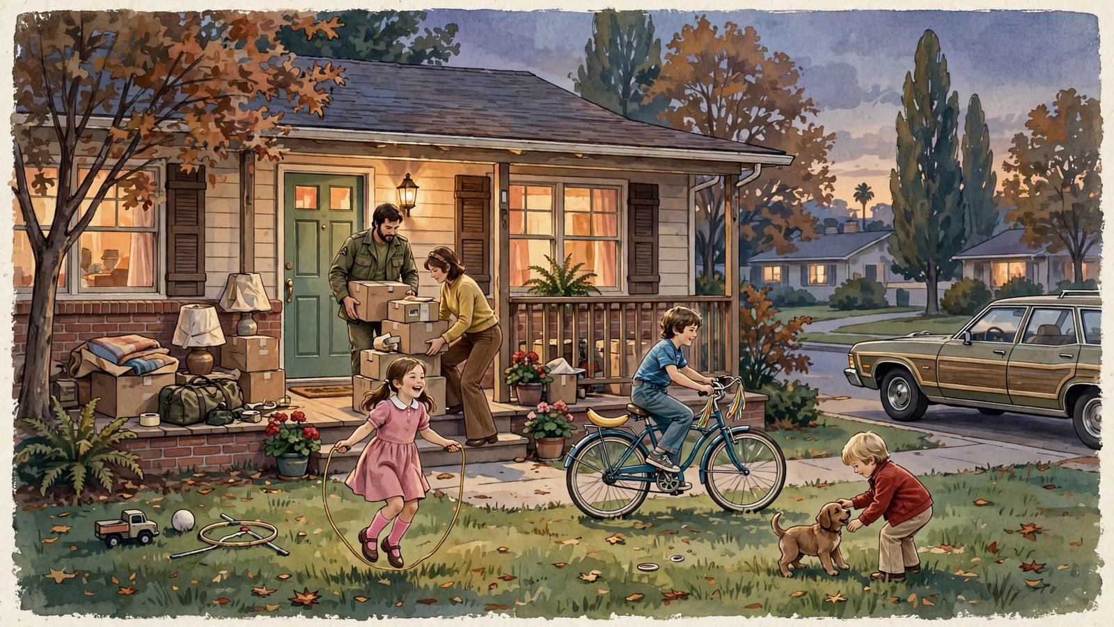 Nostalgic illustration of a 1970s American family home at dusk, reflecting Rodney Keith Jones's childhood years