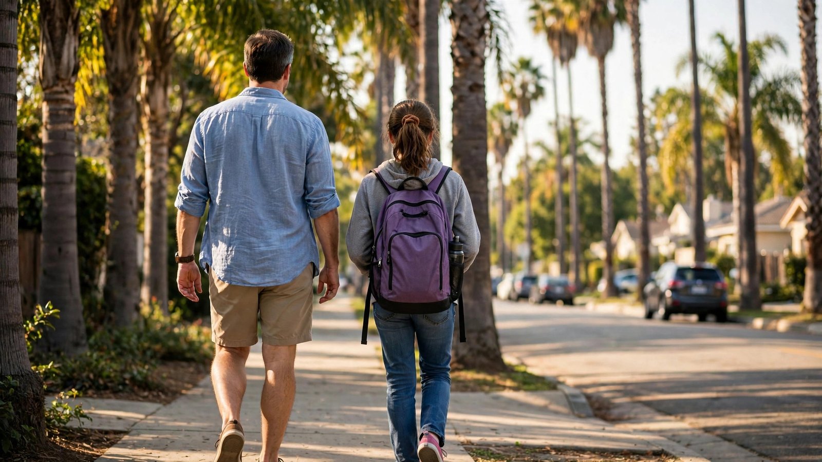 A father and teenage daughter seen from behind walking together down a sunny palm-lined sidewalk