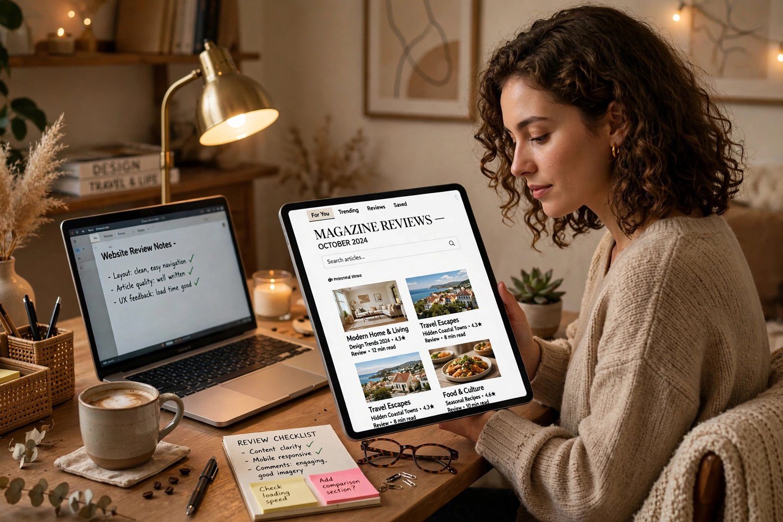 A reader browsing tozymagazine.com style online magazine articles on a tablet, reviewing the site at home