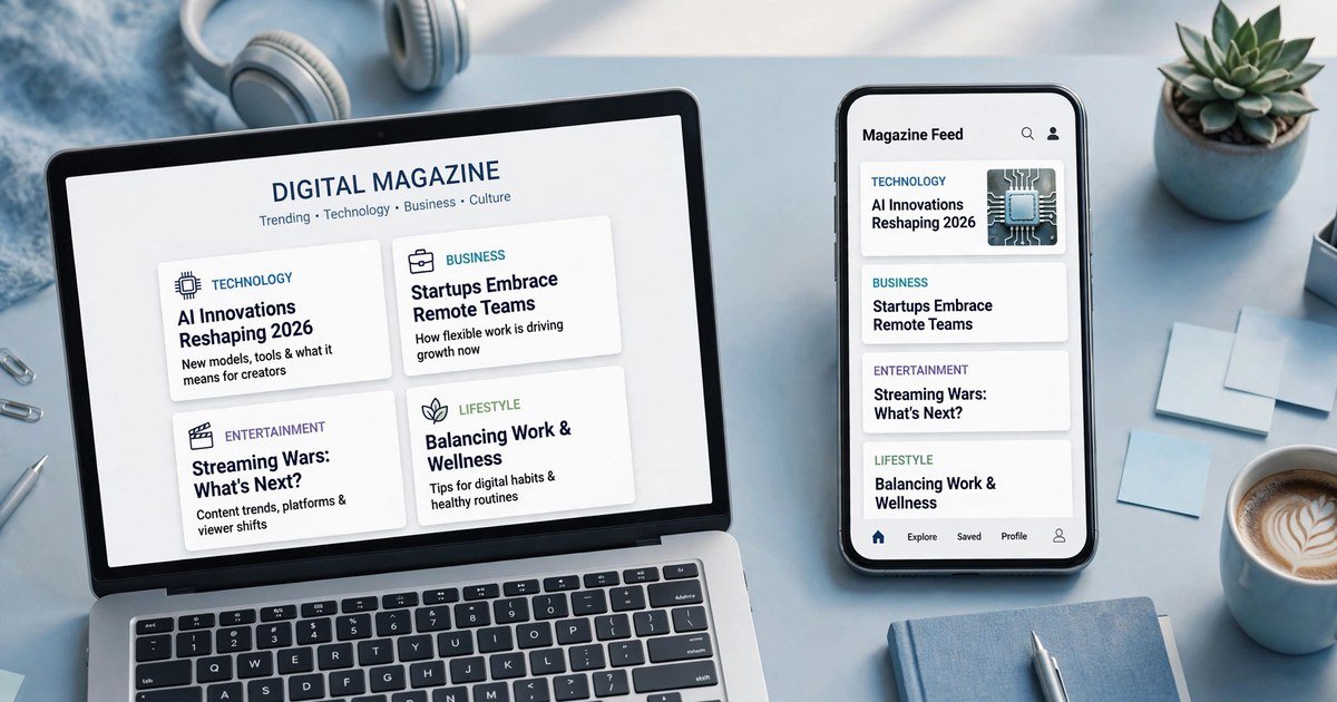 Tozymagazine.com review 2026: digital magazine concept with article cards for technology, business and entertainment (1200x630 featured)