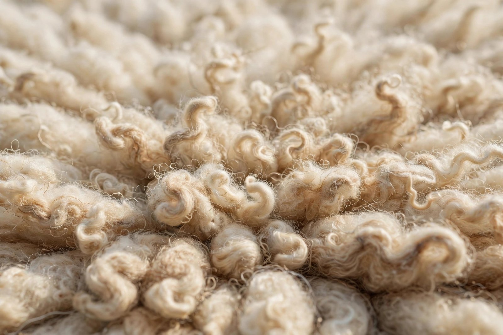 Close-up of a textured wool mat showing natural wool fibers, with a laptop nearby suggesting the term's online shopping angle