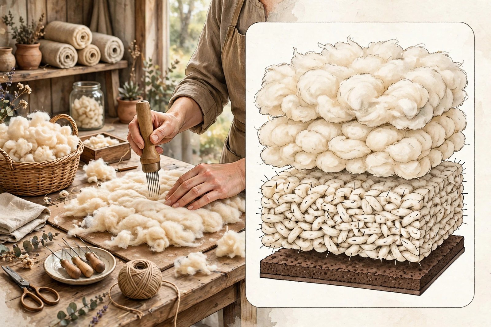 Illustration of wool mat manufacturing showing carded wool fibers being felted into a dense mat
