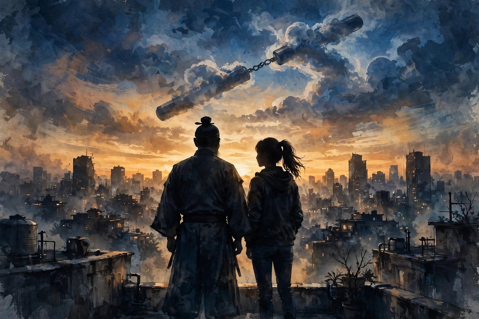 Illustration of two generations at sunset symbolizing Wren Keasler's connection to Bruce Lee's legacy