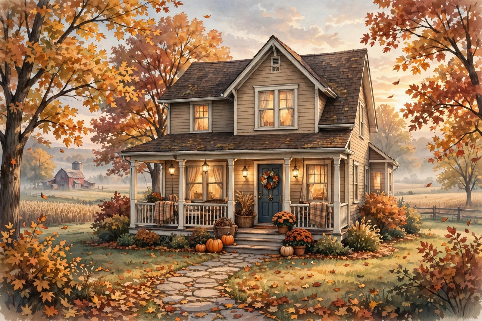 Warm illustration of a Midwestern family home in Ohio at sunrise, symbolizing Amy Reinhart's family roots