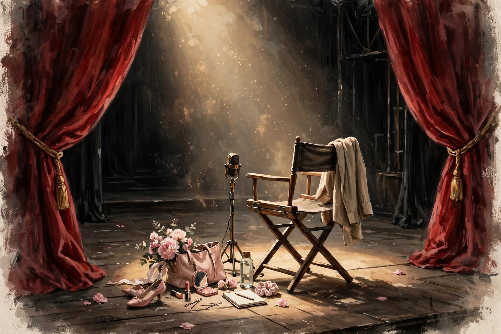 Cinematic illustration of an audition stage with spotlight and director's chair, reflecting the acting career Amy Reinhart supported