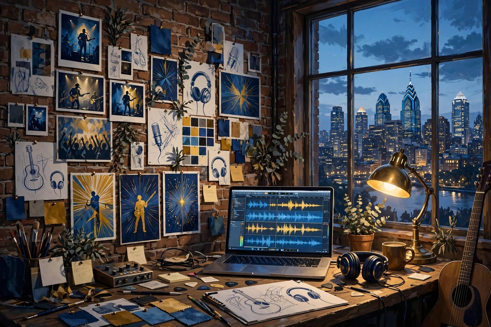 Concept art of a Philadelphia musician in a recording studio with warm cinematic lighting