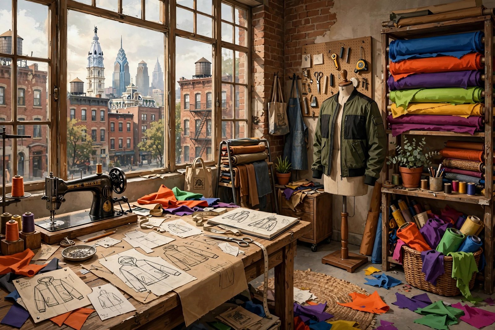Concept art of a Philadelphia private-label fashion studio with sewing patterns and bold streetwear fabrics