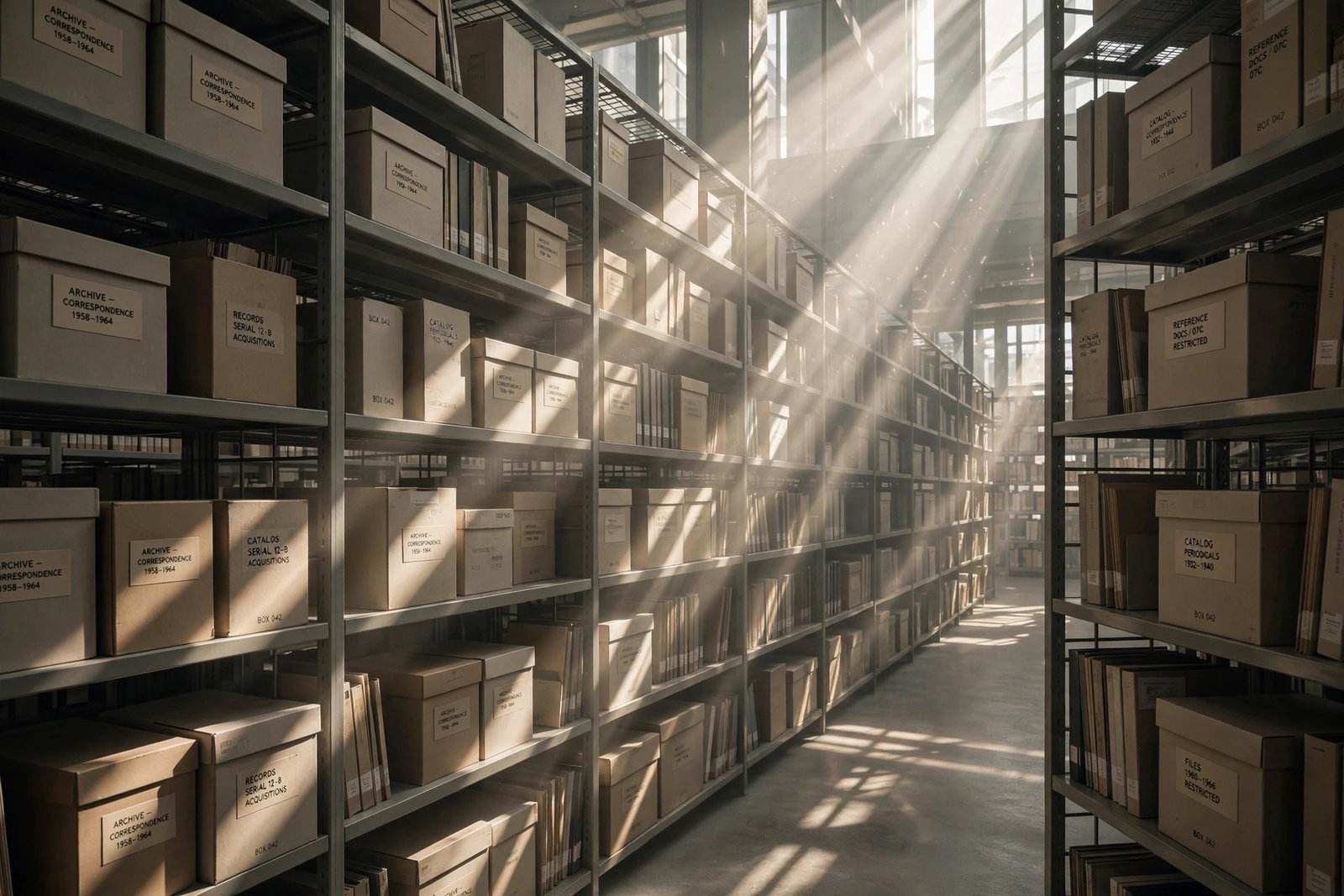 Light passing through library archive shelves, symbolizing research into historical records