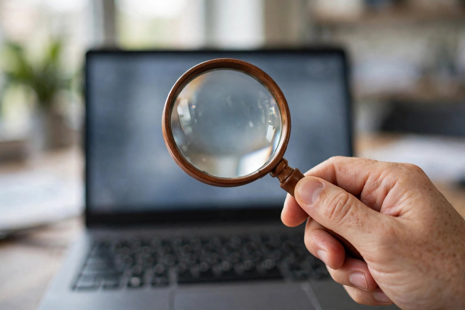 Hand holding a magnifying glass over a laptop keyboard, symbolizing researching whether GlaadVoice is legit